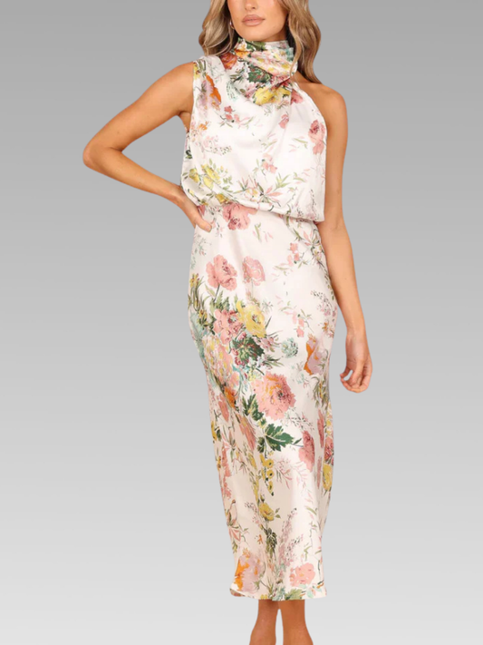 Elena - Vestido largo floral elegante con cuello halter