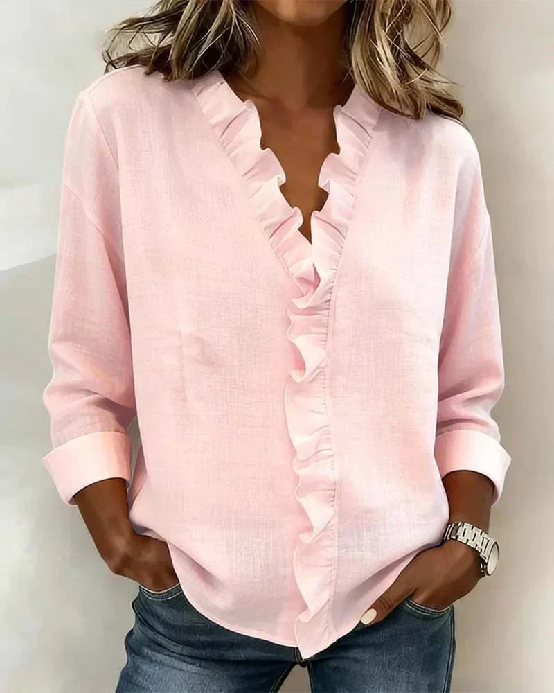 Carmen – Blusa elegante con escote en V y volantes suaves
