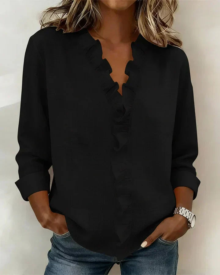 Carmen – Blusa elegante con escote en V y volantes suaves