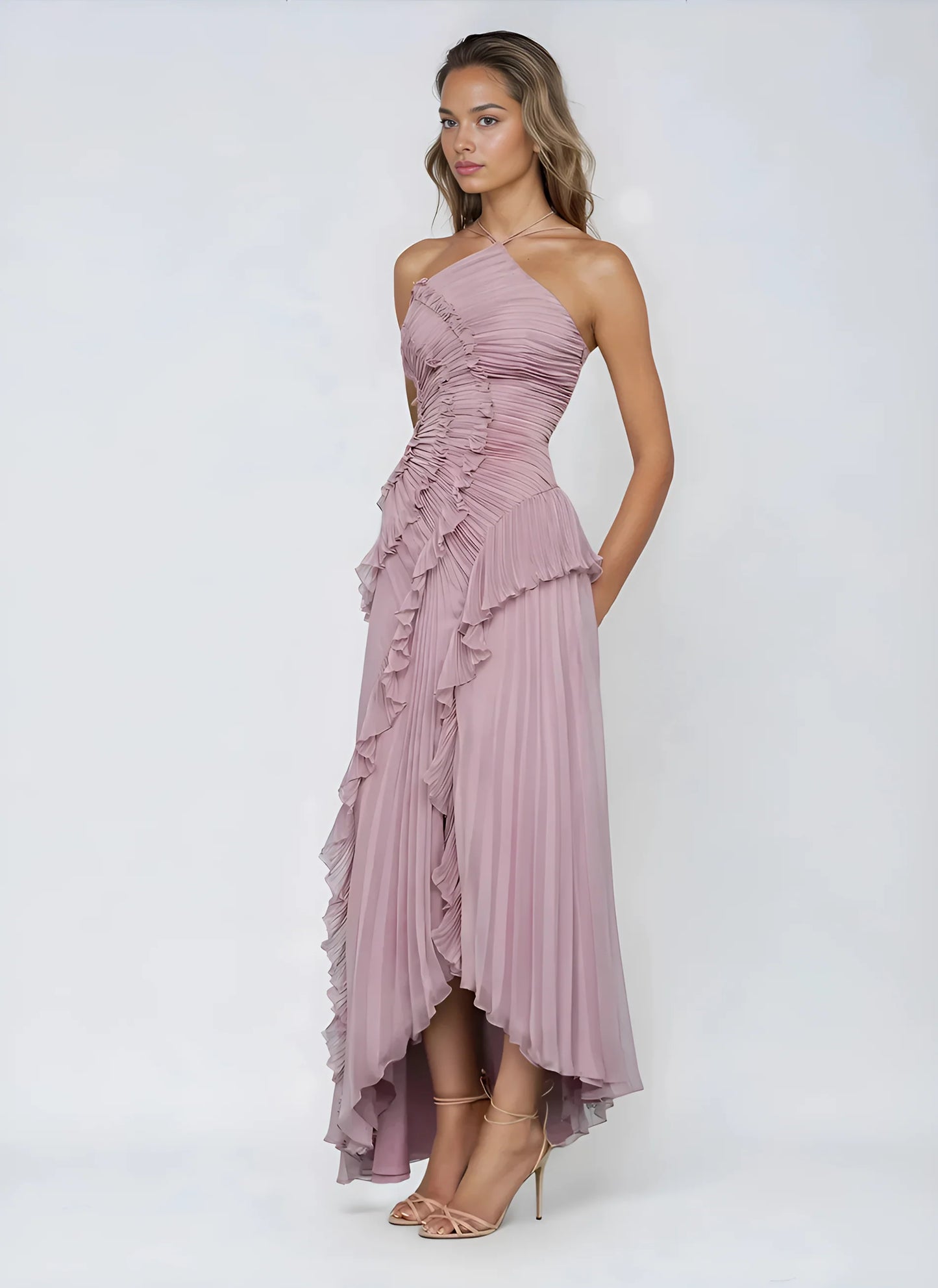 Claudia - Vestido largo plisado con volantes